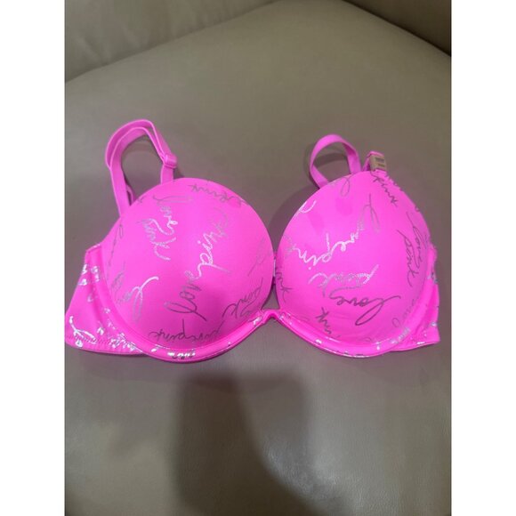 PINK Victoria's Secret Other - Pink By Victorias Secret Super Push Bra 32C Hot Pink With Silver Script